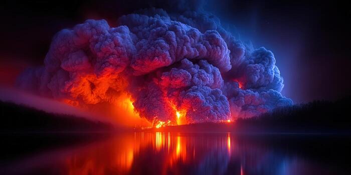 Dramatic scene of a fiery explosion with smoke billowing over a lake at night, reflecting the intense colors. photo