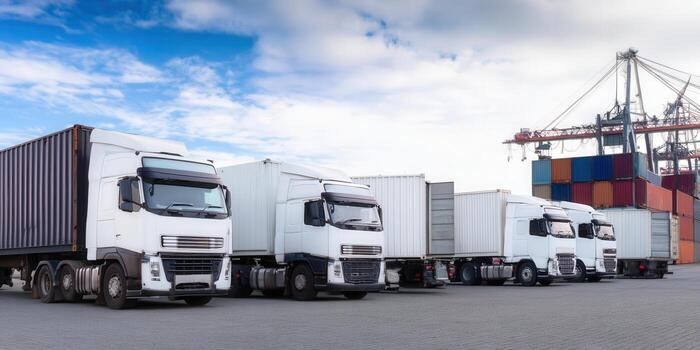 A line of semi-trucks at a shipping port, loaded with containers, ready for the road and global trade. photo