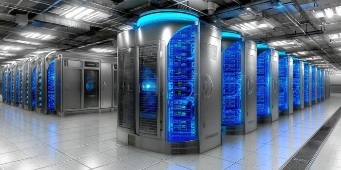 Inside a modern server room, showcasing technology and data storage. photo