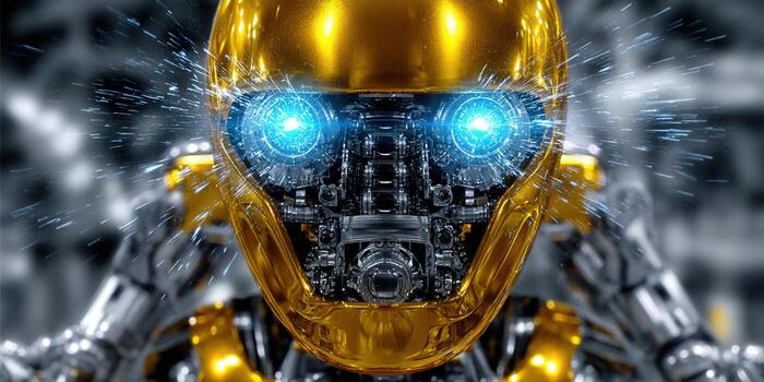 A golden robotic face with striking blue eyes is highlighted in a futuristic setting. photo
