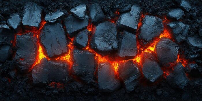 Molten lava flows through a landscape of jagged, dark, and hot rocks. photo