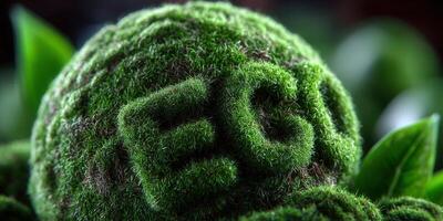 un vibrante, verde cerebro hecho de musgo, representando naturaleza y pensamiento. foto