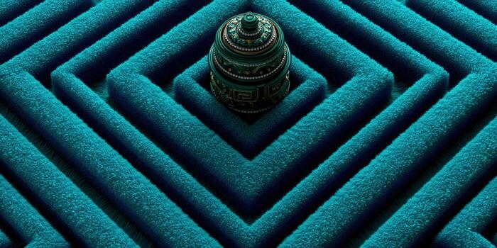 A teal maze surrounds an ornate object, creating a sense of mystery and challenge. photo