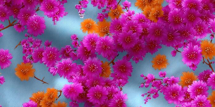 Bright pink and orange flowers bloom in a decorative floral arrangement. photo