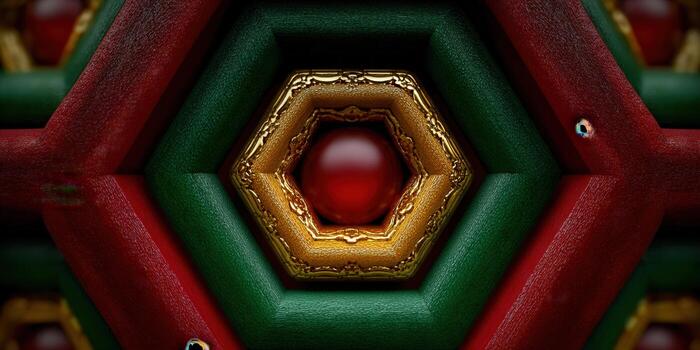 An abstract design with red, green, and gold geometric shapes creates an intriguing pattern. photo