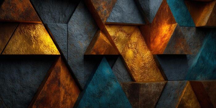 An abstract wall design featuring golden and blue triangles with a textured finish. photo