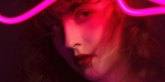 Intriguing portrait of a woman with red lips and bright neon lighting, creating a vibrant atmosphere. photo