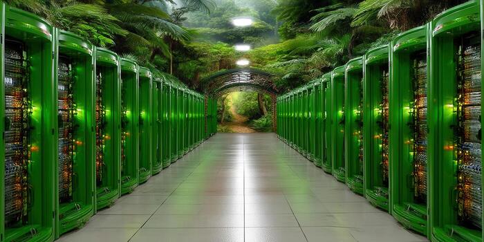 A futuristic server room merges seamlessly with lush jungle surroundings, creating a unique fusion. photo