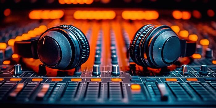 Headphones on a mixing console in a vibrant, illuminated recording studio photo