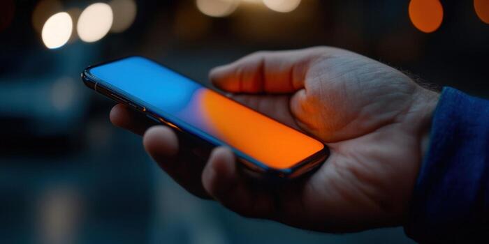 Close-up of a hand using a smartphone with a colorful screen at night. photo