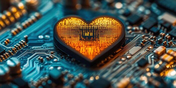 Heart-shaped circuit board, symbolizing love and technology in a digital world. photo
