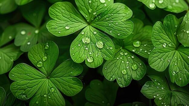Lush green four-leaf clovers with sparkling water droplets, a symbol of good luck. photo