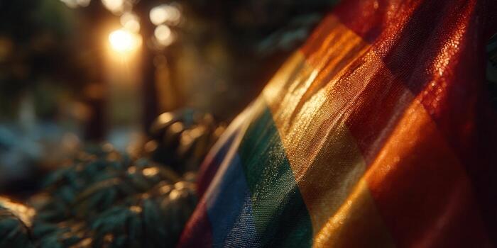 un arco iris bandera revolotea en el luz de sol, representando orgullo y igualdad dentro un bosque. foto