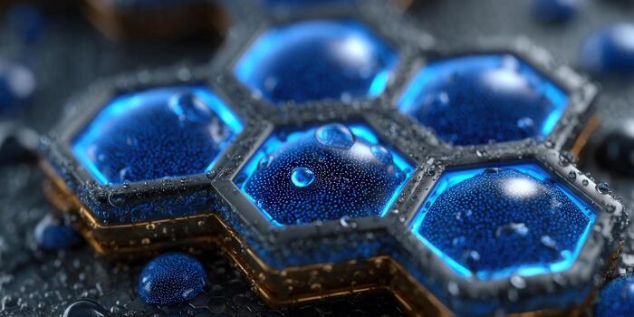 Illuminated blue honeycomb structure with water droplets, a futuristic macro view. photo