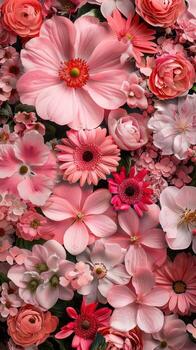 A large group of pink flowers are arranged in a pattern photo