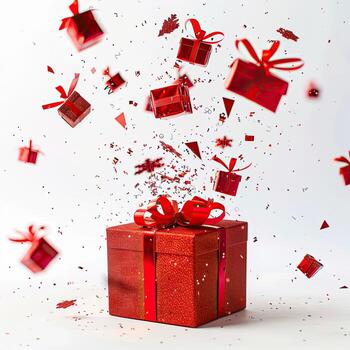 Red gift boxes with red ribbons and red bows falling from the sky photo