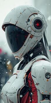A robot with red eyes and a helmet photo