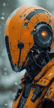 An orange robot with a helmet on in the snow photo