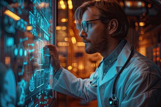 A man in a lab coat is looking at a computer screen photo