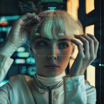 un mujer con un futurista cara mirando a un computadora pantalla foto