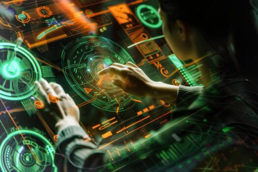 A person is using a computer screen with a futuristic design photo