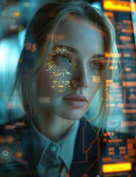 A woman with a futuristic face and a computer screen photo