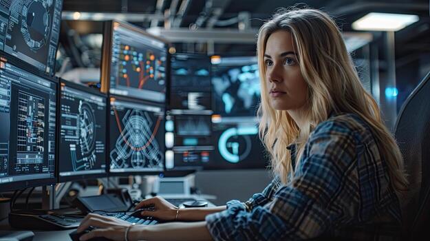A woman sitting at a computer with multiple screens photo