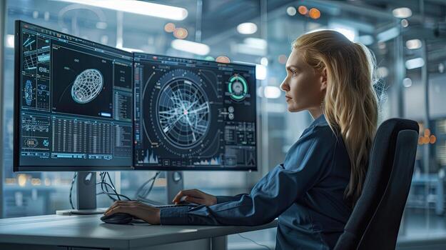 un mujer es sentado a un computadora con dos monitores foto