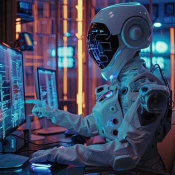 A robot in a futuristic suit sitting at a computer photo