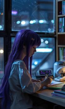 A woman with purple hair sitting at a desk photo