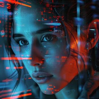 A woman with a futuristic look in front of a computer screen photo