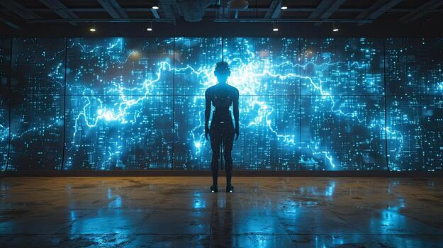 A man standing in front of a large screen with a lightning bolt photo