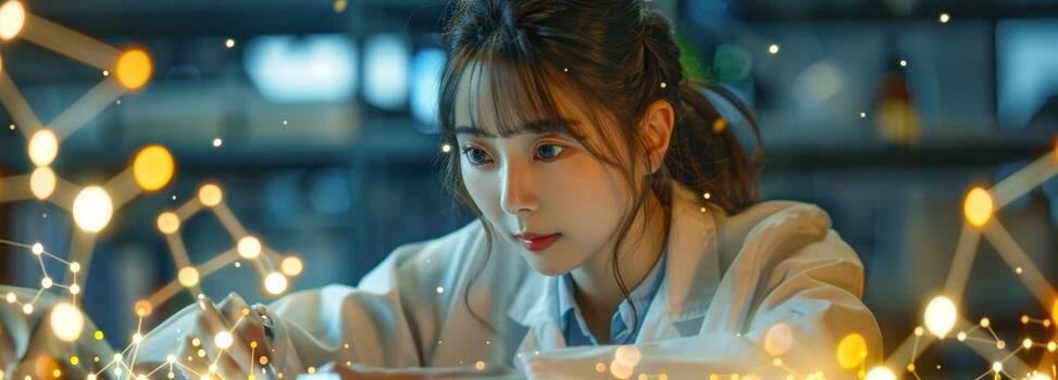 A woman in a lab coat is looking at a computer screen photo