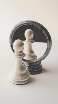 un ajedrez pedazo y un espejo son en frente de cada otro foto