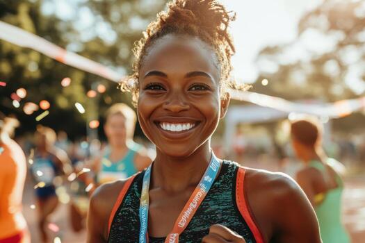A woman is smiling while running in a race photo