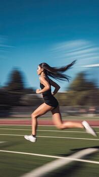 A woman running on a track with a blurry background photo