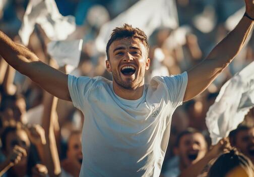 A man is cheering in front of a crowd photo