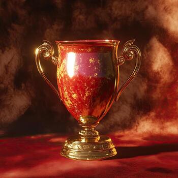 A red and gold trophy on a red table photo