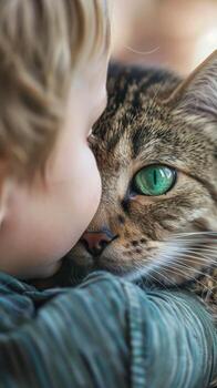 A child is hugging a cat with green eyes photo