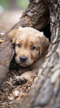 A puppy is hiding in a tree hole photo