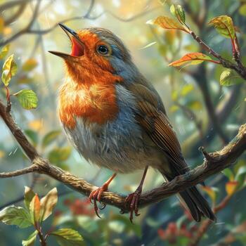 Robin Bird Singing Perched on Branch. photo