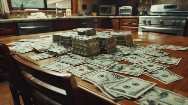 A kitchen table with stacks of money on it photo