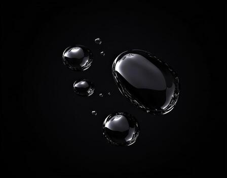 Collection of glossy water droplets on a dark background, showcasing their reflective and transparent qualities photo