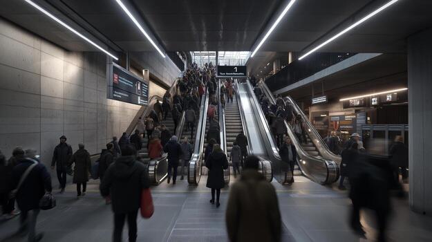 Crowded urban escalator scene with diverse commuters moving between levels in a modern transit station, showcasing the hustle and bustle of daily city life and transportation dynamics photo