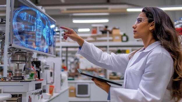 Female engineer in white lab coat interacts with digital display, analyzing data in a modern laboratory filled with equipment and technology, showcasing innovation and expertise photo