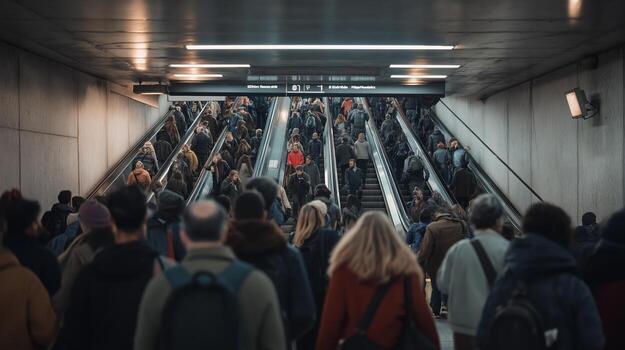 Diverse crowd of commuters ascending escalators in a modern subway station, showcasing urban life and daily routines in a bustling metropolitan environment photo