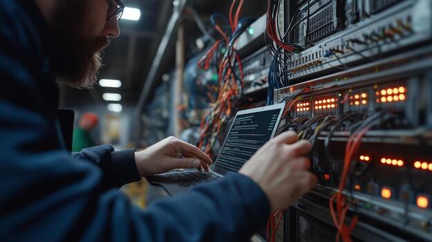 Technician working on server rack with illuminated panels, focused on laptop screen, showcasing the intricacies of data management and network systems photo