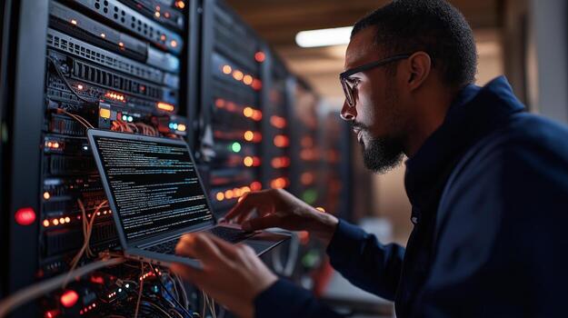 Male IT technician is focused on coding while working on laptop in server room, surrounded by illuminated server racks and complex wiring, showcasing technical expertise photo