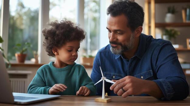 Father and son engaged in a creative activity at home, exploring renewable energy concepts with a miniature wind turbine model, fostering learning and connection photo
