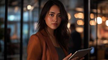 Professional woman in a stylish brown blazer is holding a tablet in a modern office setting, showcasing confidence and engagement in a business environment photo